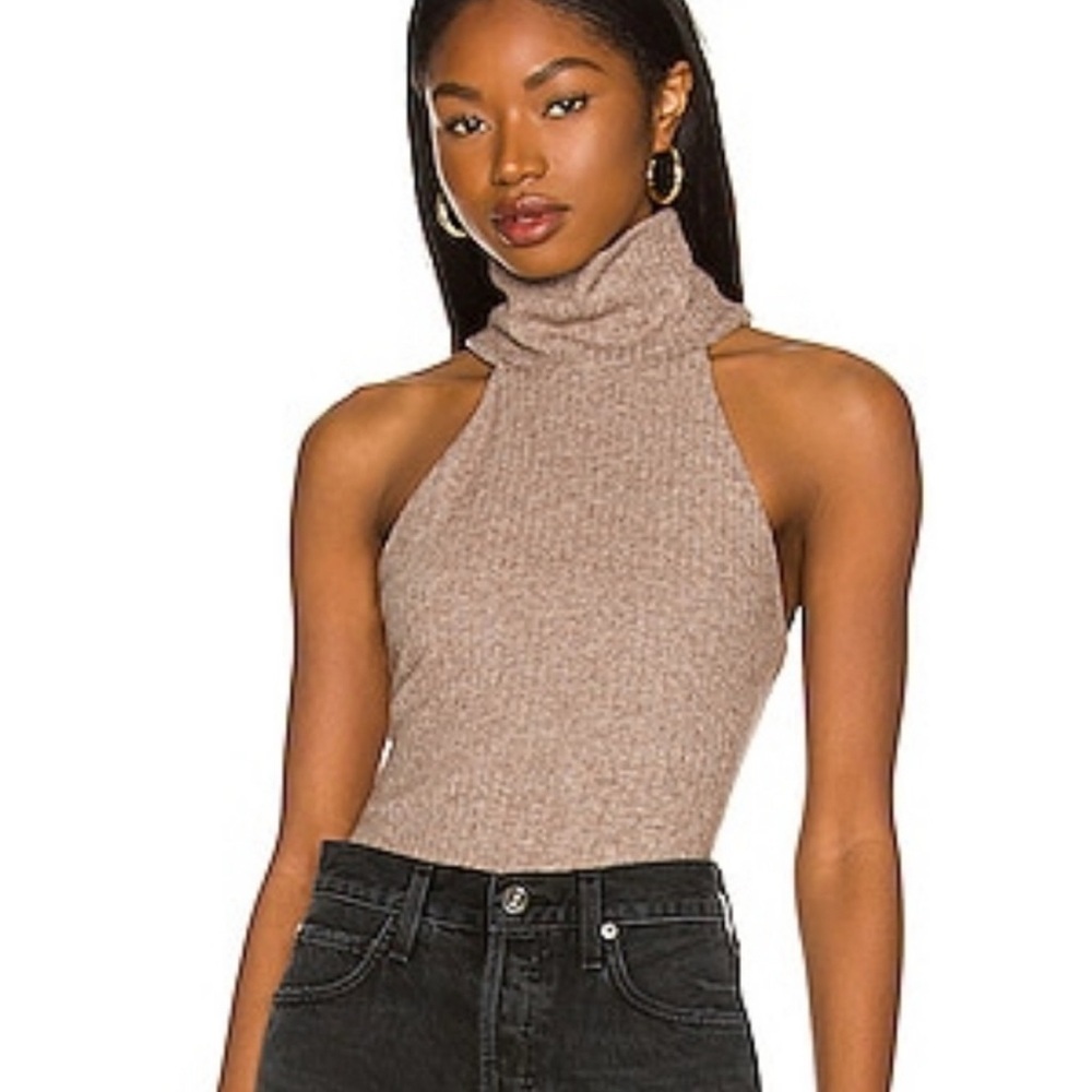 Lovers + Friends Taupe Brown Ribbed Turtleneck Bodysuit Blythe Sleeveless Small